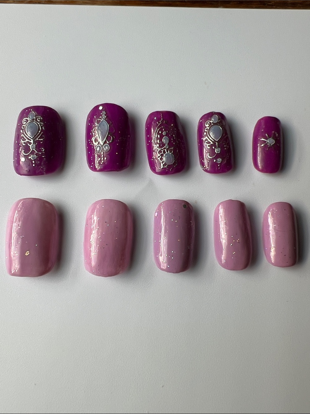 Purple & Pink Press-On Nail Set with Silver Opal Accents
